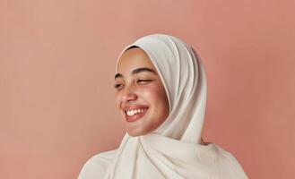 Smiling Young Woman in Hijab with Soft Pink Background.Generated image photo