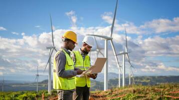 Engineers Using Digital Technology to Monitor Wind Turbine Maintenance.Generated image photo