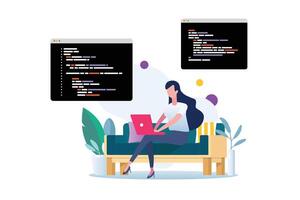 Freelancer writing code on laptop. software developer working at house vector