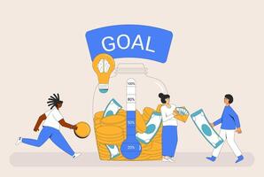 Fundraising concept. Startup idea. People with goal thermometer and moneybox. Donation event. vector