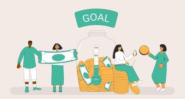 Crowd funding event concept. People with thermometer and money glass jar. vector