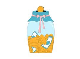 Savings concept. Moneybox jar with coins and banknotes. Donation. Investments vector