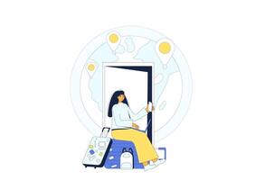 Digital nomad. Young woman sitting on the suitcase and working with laptop online waiting for a flight. vector
