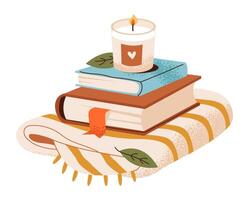 A stack of books with a candle on a cozy blanket. Pastime reading a book. vector