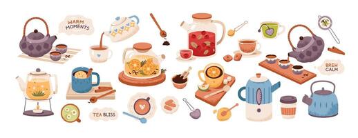 Various types of tea set. Accessories for a tea party. Teapots, teacups, and infusers for traditional and cozy tea drinking. vector