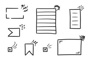 Doodle brackets for quotation with sparkle ray elements. Hand drawn square line frame for title headline illustration. Speech bubble blob for dialog vector