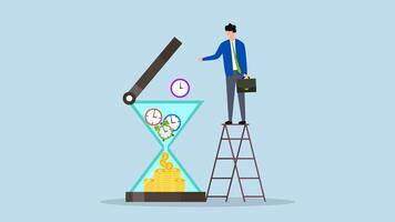 Time is money, 4k animation of businessman investor puts clock pieces, clock, alarm clock and timer into an hourglass to make the return on investment fall. video