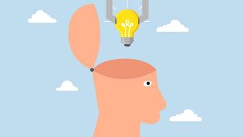 innovation, 4k animation of the robot arm of machine puts light bulb idea on human head metaphor of coming up with a new idea. video