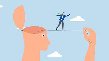 Challenge yourself, 4k animation of man pulls rope and lets the acrobat go to reach his goal. video