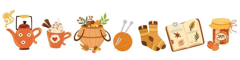 Simple cozy set. Autumn set of hand drawn cute and cozy design elements. Fall, Thanksgiving Day, Autumn season. vector