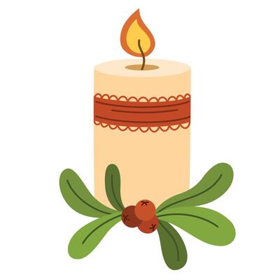 Candle and winter berries decoration for Christmas holiday. Holly red berries and leaf, candlelight for Xmas, winter decor, traditional ornament. Flat illustration isolated on white background