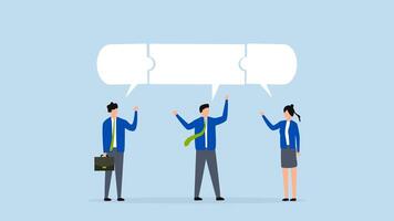 Compromise to get solution in business meeting, 4k animation of a team of businessmen in puzzle connected with a speech bubble. video