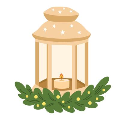 Lantern with candle light and fir branches. Lamp with candlelight, holiday decor. Christmas decoration. Xmas, winter holiday ornament, decor, adornment. Flat illustration isolated