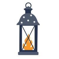 Lantern with candle light. Lamp with candlelight, holiday decor. Decoration with burning fire flame, burner with ring, loop for hanging. Flat illustration isolated on white background vector
