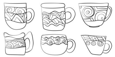 Set of outline doodle cups with ornate patterns, fantasy zen cups sugar bowl coloring page vector