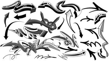 Set of arrow shapes elements in graffiti style. Black and white graffiti arrows drawing art vector