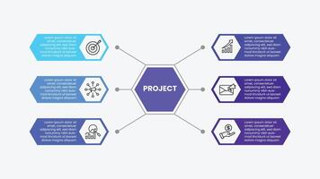Modern infographic template with polygon shape. 6 options business presentation with icons. vector