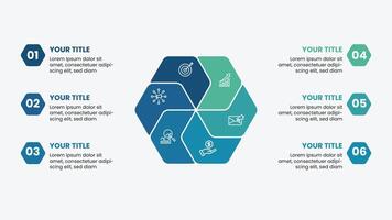 Modern infographic template with 6 options. Hexagon shape presentation with icon. Creative business workflow for company. vector