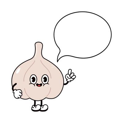 Garlic with speech bubble character. hand drawn traditional cartoon vintage, retro, kawaii character illustration icon. Isolated white background. Garlic character