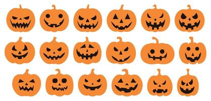 Scary Pumpkin Faces Set for Halloween. Horror Silhouettes with Creepy Expressions. Icons Isolated on Transparent Background for Spooky October Emotions and Decorations. vector