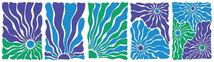 Various violet, blue, green floral sunny hippie poster templates with grainy noise texture, hand drawn abstract wavy patterns. Waves, swirl, twirl, flower, rays pattern. Twisted and distorted vector