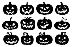 Scary Pumpkin Faces Illustration Set. Halloween Silhouettes with Different Emotions. Black Icons. Isolated on Transparent Background. Perfect for October Horror Parties and Thanksgiving vector