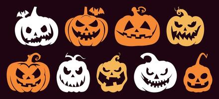 Halloween Silhouette Pumpkins. Collection of Jack-o'-lanterns with Different Faces. Isolated Illustrations on Solid Background for October Horror Parties and Festive Decor. vector