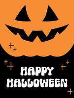Halloween poster with cute pumpkin and text Happy Halloween in groovy font. Minimal design, cute flat style, festive aesthetic greeting card. Hand drawn flyer. Halloween party invitation, social media vector