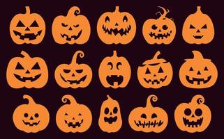 Spooky Pumpkin Silhouette Icons. Halloween Collection with Various Emotions. Jack-o'-lantern Faces Isolated on Solid Background. Ideal for October Parties, Horror, and Thanksgiving. vector