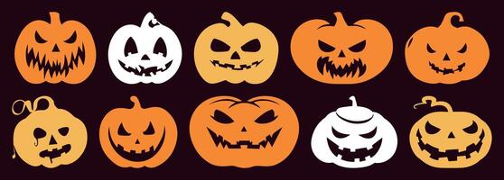 Jack-o'-lantern Set. Silhouette Pumpkins with Scary and Smiling Faces. Halloween Collection Isolated on Solid Background. Ideal for October Party Decor and Horror Illustrations. vector