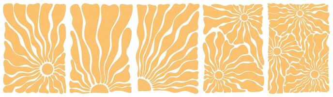 Groovy retro abstract sun backgrounds with vintage grainy texture on transparent background. Sun groovy vertical design elements set. Groovy sunburst. Matisse sun background. Various sun burst hippie vector