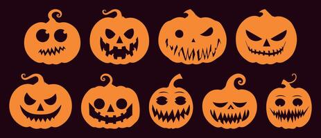 Horror Pumpkin Silhouette Collection. Illustrations of Halloween Lanterns with Various Facial Expressions. Isolated on Solid Background. Perfect for Scary Party and October Events. vector