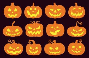 Halloween Pumpkin Faces. Silhouette Collection of Scary and Smiling Jack-o'-lanterns. Isolated on Solid Background for October Parties and Horror Illustrations. vector