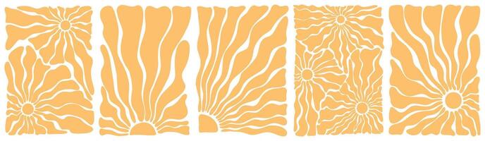Groovy retro abstract sun backgrounds. Sun groovy vertical design elements set. Groovy sunburst. Matisse sun background. Various sun burst hippie posters hand drawn Waves, swirl, twirl, flower, rays vector