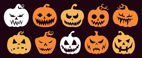 Spooky Pumpkin Collection. Halloween Silhouette Faces with Various Emotions. Isolated Jack-o'-lantern Illustrations on Solid Background. Perfect for Party and Horror Themes. vector