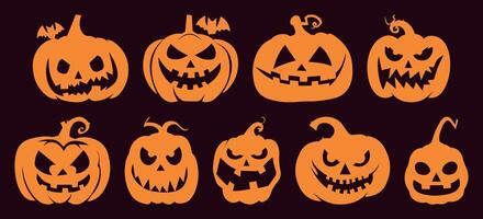 Jack-o'-lantern Silhouette Collection. Halloween Pumpkins with Different Emotions. Isolated on Solid Background. Perfect for Spooky Parties, Horror Themes, and October Festivities. vector