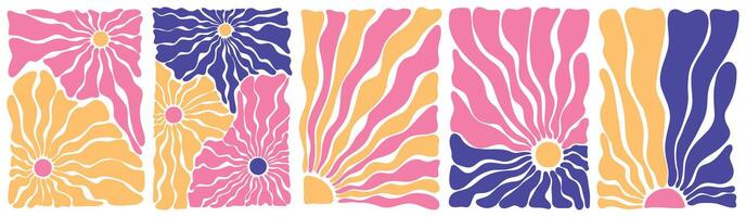 Groovy hippie 70s backgrounds. Vintage background with sun and flower. Summer vibe design. Pink, yellow, violet colors. Doodle shapes in trendy naive hippie 60s 70s style. Hand drawn art vector