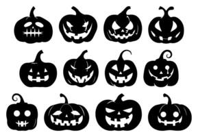 Creepy Halloween Pumpkin Faces Silhouette Set. Collection of Jack-O'-Lanterns with Different Emotions. Black Icons Isolated on Transparent Background. Perfect for October Horror Celebrations vector