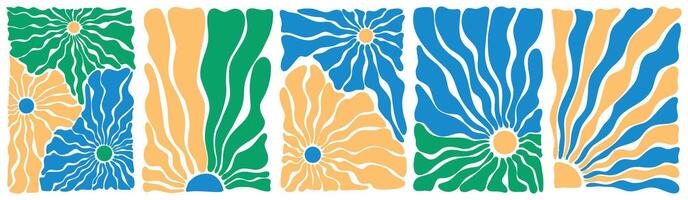 Various yellow, blue, green floral sunny hippie poster templates, hand drawn abstract wavy patterns. Waves, swirl, twirl, flower, rays pattern. Twisted and distorted set in retro psychedelic vector
