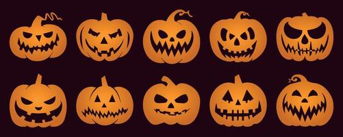 Scary Pumpkin Icons. Halloween Silhouette Collection with Different Faces. Jack-o'-lantern Illustrations Isolated on Solid Background for October Party and Thanksgiving Decor. vector