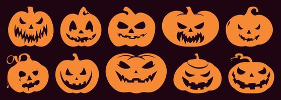 Scary Pumpkin Icon Set. Halloween-Themed Silhouettes with Cut Out Faces. Illustrations of Fearful and Smiling Jack-o'-lanterns. Isolated on Solid Background for Party and Clip Art Use. vector