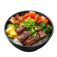 A bowl of food with a label MEAT on it isolated on transparent background png