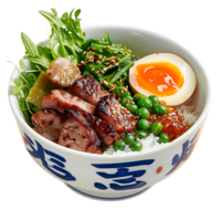 A bowl of food with a label MEAT on it isolated on transparent background png