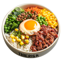 A bowl of food with a label MEAT on it isolated on transparent background png