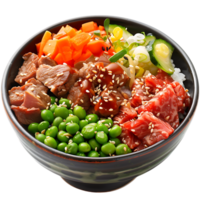 A bowl of food with a label MEAT on it isolated on transparent background png