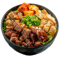 A bowl of food with a label MEAT on it isolated on transparent background png