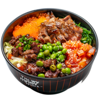 A bowl of food with a label MEAT on it isolated on transparent background png