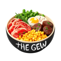 A bowl of food with a label MEAT on it isolated on transparent background png