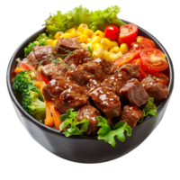 A bowl of food with a label MEAT on it isolated on transparent background png