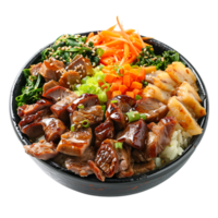 A bowl of food with a label MEAT on it isolated on transparent background png
